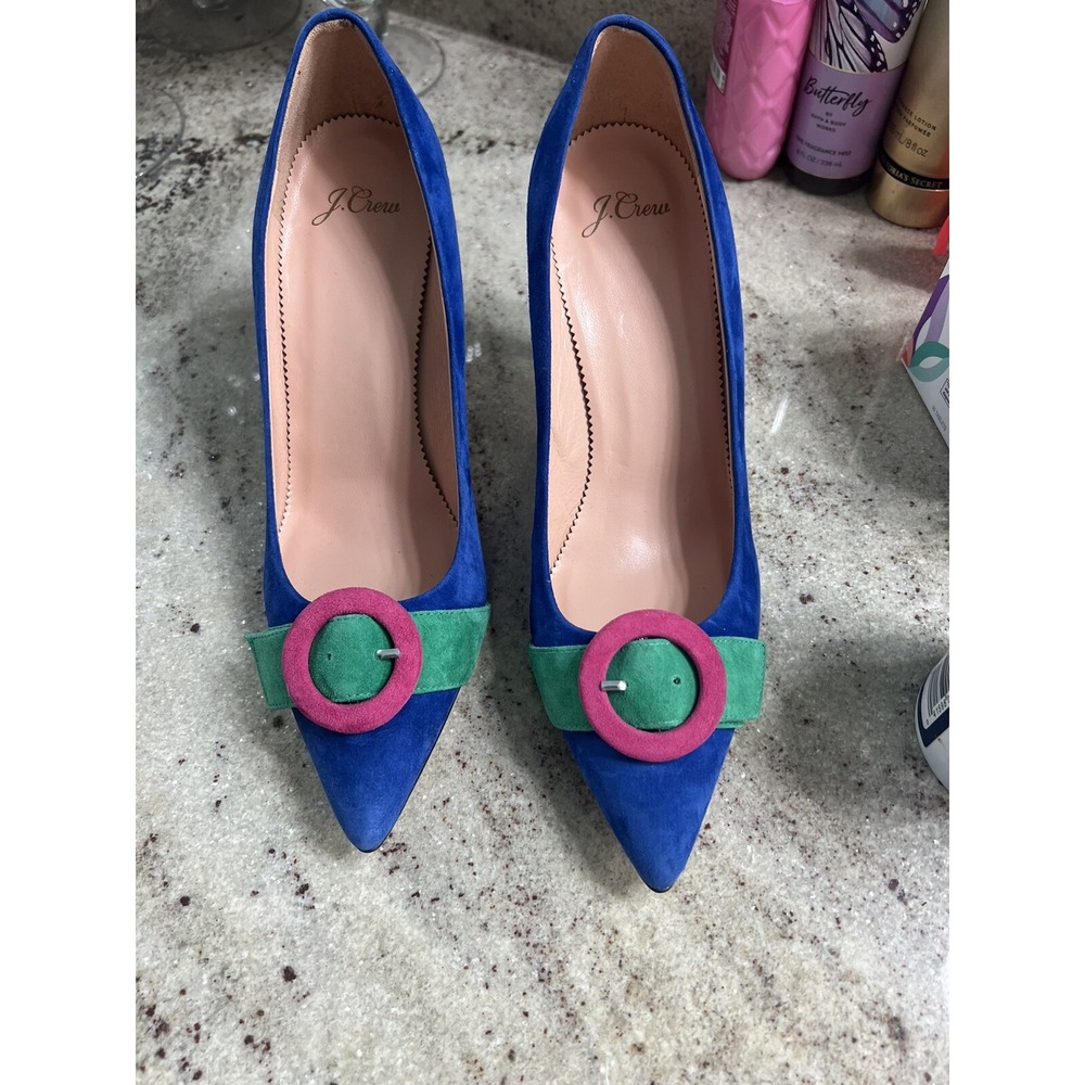 J. Crew Women’s Elsie Suede, Blue Pink Green Retro  High Heel Pumps, Size 9M.